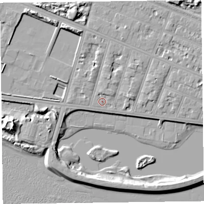 Shaded relief map of the ground around FY81EA, computed from Environment Agency LiDAR. The ground here sits at about 8 m above sea level and falls 13 m across the surrounding 800 m. Surface water reaching this point runs off ground lying to the north-east, 2.6 m higher.