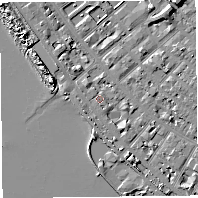 Shaded relief map of the ground around FY81LS, computed from Environment Agency LiDAR. The ground here sits at about 8 m above sea level and falls 10 m across the surrounding 800 m. Surface water reaching this point runs off ground lying to the south-west, 0.6 m higher.