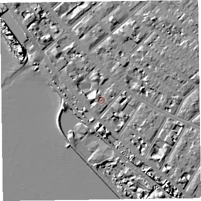 Shaded relief map of the ground around FY81LY, computed from Environment Agency LiDAR. The ground here sits at about 9 m above sea level and falls 8 m across the surrounding 800 m. Surface water reaching this point runs off ground lying to the north-west, 1.7 m higher.