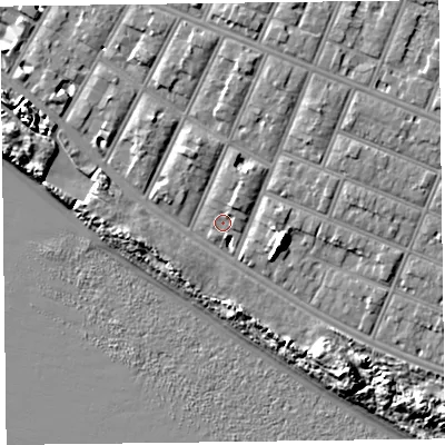 Shaded relief map of the ground around FY81NU, computed from Environment Agency LiDAR. The ground here sits at about 8 m above sea level and falls 10 m across the surrounding 800 m. Surface water reaching this point runs off ground lying to the north-north-east, 2.0 m higher.