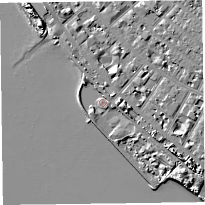 Shaded relief map of the ground around FY81SW, computed from Environment Agency LiDAR. The ground here sits at about 7 m above sea level and falls 8 m across the surrounding 800 m. Surface water reaching this point runs off ground lying to the east-south-east, 6.9 m higher.