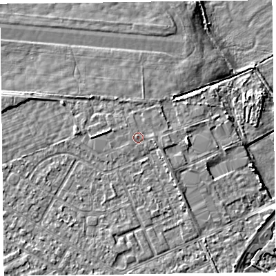 Shaded relief map of the ground around FY83FE, computed from Environment Agency LiDAR. The ground here sits at about 9 m above sea level and falls 8 m across the surrounding 800 m. The ground contributing surface water to this point lies to the east.
