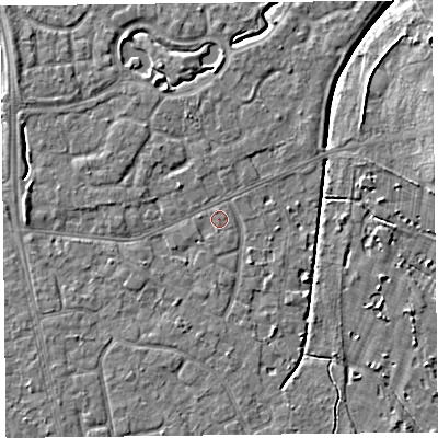 Shaded relief map of the ground around FY84AB, computed from Environment Agency LiDAR. The ground here sits at about 7 m above sea level and falls 6 m across the surrounding 800 m. Surface water reaching this point runs off ground lying to the north, 0.7 m higher.