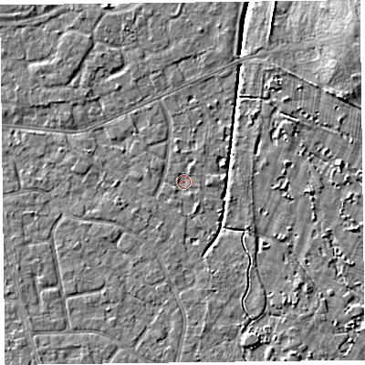 Shaded relief map of the ground around FY84AD, computed from Environment Agency LiDAR. The ground here sits at about 6 m above sea level and falls 7 m across the surrounding 800 m. Surface water reaching this point runs off ground lying to the south-south-west, 1.2 m higher.