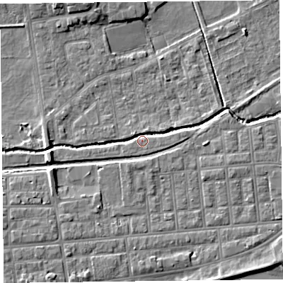 Shaded relief map of the ground around FY84BS, computed from Environment Agency LiDAR. The ground here sits at about 4 m above sea level and falls 6 m across the surrounding 800 m. Surface water reaching this point runs off ground lying to the south-west, 5.6 m higher.