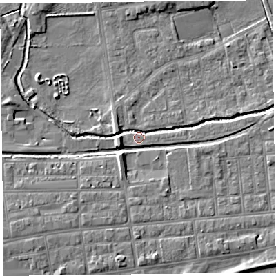 Shaded relief map of the ground around FY84EE, computed from Environment Agency LiDAR. The ground here sits at about 4 m above sea level and falls 6 m across the surrounding 800 m. Surface water reaching this point runs off ground lying to the west-south-west, 5.3 m higher.