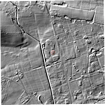 Shaded relief map of the ground around FY84GZ, computed from Environment Agency LiDAR. The ground here sits at about 5 m above sea level and falls 8 m across the surrounding 800 m. Surface water reaching this point runs off ground lying to the south, 0.9 m higher.
