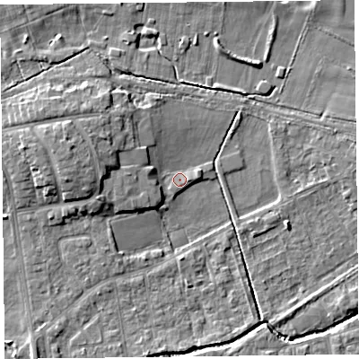 Shaded relief map of the ground around FY84HB, computed from Environment Agency LiDAR. The ground here sits at about 3 m above sea level and falls 6 m across the surrounding 800 m. Surface water reaching this point runs off ground lying to the west, 5.4 m higher.