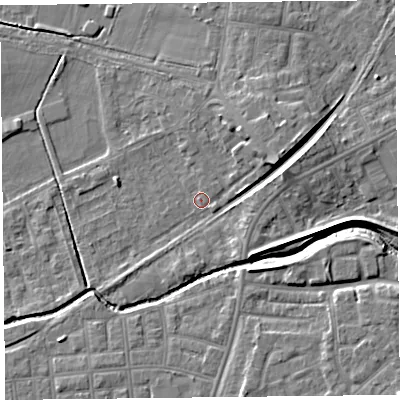Shaded relief map of the ground around FY84HE, computed from Environment Agency LiDAR. The ground here sits at about 4 m above sea level and falls 8 m across the surrounding 800 m. Surface water reaching this point runs off ground lying to the east-north-east, 4.3 m higher.