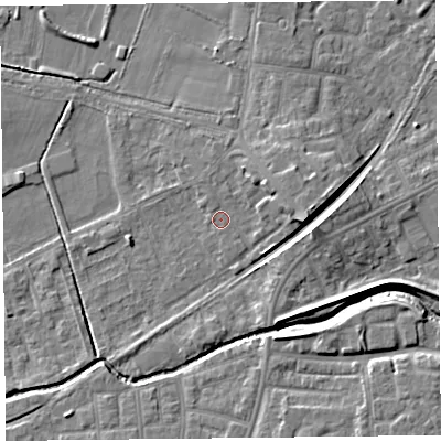 Shaded relief map of the ground around FY84HF, computed from Environment Agency LiDAR. The ground here sits at about 4 m above sea level and falls 7 m across the surrounding 800 m. Surface water reaching this point runs off ground lying to the east, 3.4 m higher.