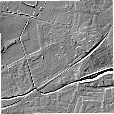 Shaded relief map of the ground around FY84HG, computed from Environment Agency LiDAR. The ground here sits at about 3 m above sea level and falls 6 m across the surrounding 800 m. Surface water reaching this point runs off ground lying to the north-north-east, 1.3 m higher.