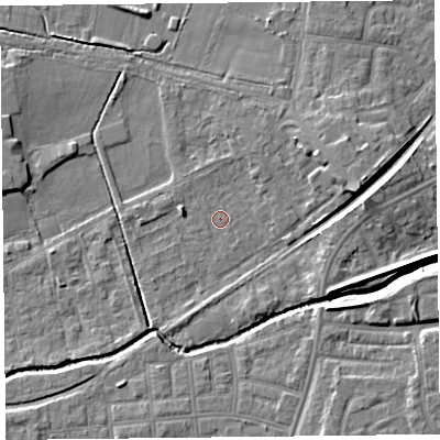 Shaded relief map of the ground around FY84HH, computed from Environment Agency LiDAR. The ground here sits at about 3 m above sea level and falls 6 m across the surrounding 800 m. Surface water reaching this point runs off ground lying to the north-north-east, 1.6 m higher.
