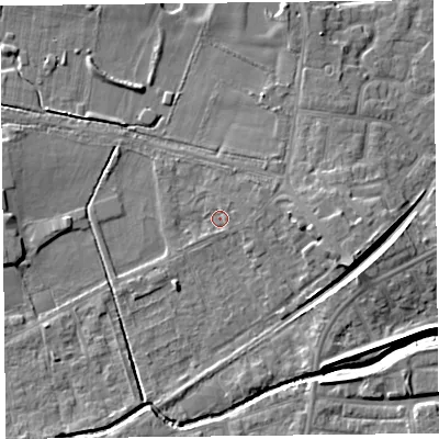 Shaded relief map of the ground around FY84HJ, computed from Environment Agency LiDAR. The ground here sits at about 4 m above sea level and falls 6 m across the surrounding 800 m. Surface water reaching this point runs off ground lying to the east-north-east, 2.0 m higher.