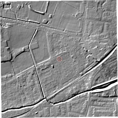 Shaded relief map of the ground around FY84HQ, computed from Environment Agency LiDAR. The ground here sits at about 3 m above sea level and falls 6 m across the surrounding 800 m. Surface water reaching this point runs off ground lying to the north-east, 0.8 m higher.
