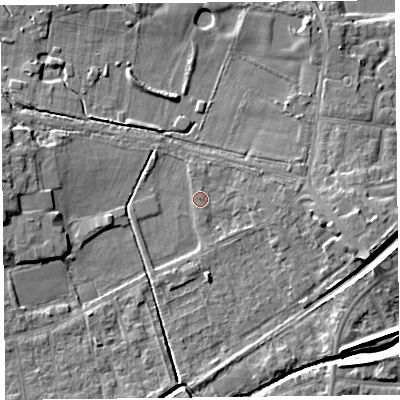 Shaded relief map of the ground around FY84HR, computed from Environment Agency LiDAR. The ground here sits at about 3 m above sea level and falls 7 m across the surrounding 800 m. Surface water reaching this point runs off ground lying to the east-south-east, 6.1 m higher.