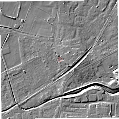 Shaded relief map of the ground around FY84HS, computed from Environment Agency LiDAR. The ground here sits at about 5 m above sea level and falls 8 m across the surrounding 800 m. Surface water reaching this point runs off ground lying to the north-north-east, 2.8 m higher.
