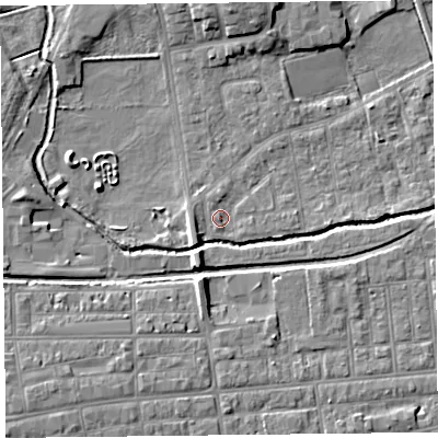 Shaded relief map of the ground around FY84HX, computed from Environment Agency LiDAR. The ground here sits at about 4 m above sea level and falls 6 m across the surrounding 800 m. Surface water reaching this point runs off ground lying to the south, 1.1 m higher.