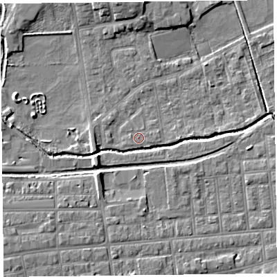 Shaded relief map of the ground around FY84HY, computed from Environment Agency LiDAR. The ground here sits at about 4 m above sea level and falls 6 m across the surrounding 800 m. Surface water reaching this point runs off ground lying to the east, 0.7 m higher.