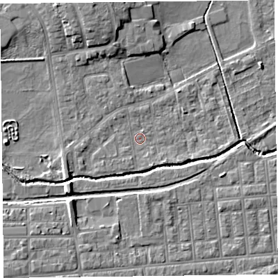 Shaded relief map of the ground around FY84HZ, computed from Environment Agency LiDAR. The ground here sits at about 3 m above sea level and falls 6 m across the surrounding 800 m. Surface water reaching this point runs off ground lying to the south-south-east, 1.9 m higher.
