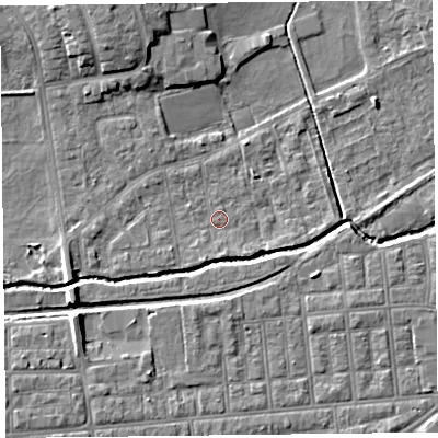 Shaded relief map of the ground around FY84JA, computed from Environment Agency LiDAR. The ground here sits at about 4 m above sea level and falls 6 m across the surrounding 800 m. Surface water reaching this point runs off ground lying to the south-south-west, 1.7 m higher.