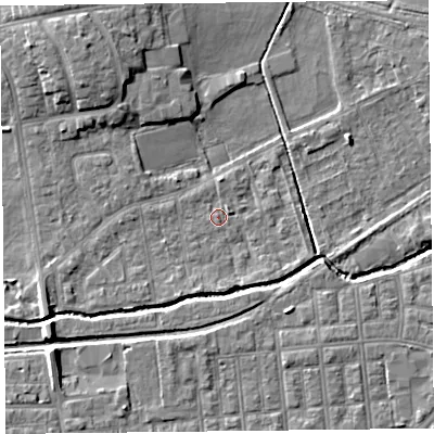 Shaded relief map of the ground around FY84JB, computed from Environment Agency LiDAR. The ground here sits at about 3 m above sea level and falls 6 m across the surrounding 800 m. Surface water reaching this point runs off ground lying to the south, 2.0 m higher.