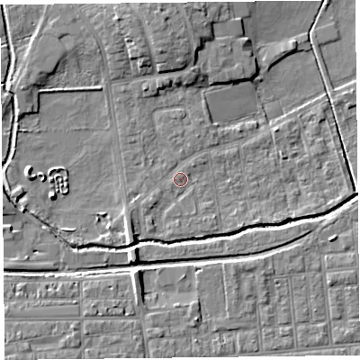 Shaded relief map of the ground around FY84JD, computed from Environment Agency LiDAR. The ground here sits at about 4 m above sea level and falls 6 m across the surrounding 800 m. Surface water reaching this point runs off ground lying to the south-south-west, 1.4 m higher.