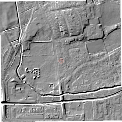 Shaded relief map of the ground around FY84JE, computed from Environment Agency LiDAR. The ground here sits at about 3 m above sea level and falls 8 m across the surrounding 800 m. Surface water reaching this point runs off ground lying to the south-west, 7.5 m higher.