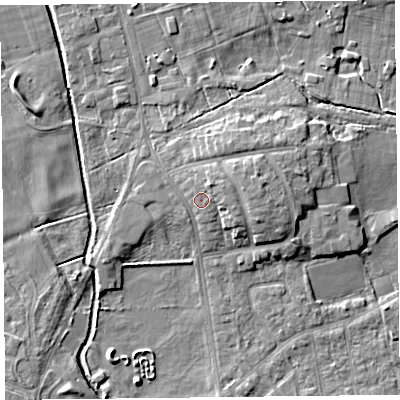 Shaded relief map of the ground around FY84JF, computed from Environment Agency LiDAR. The ground here sits at about 6 m above sea level and falls 6 m across the surrounding 800 m. Surface water reaching this point runs off ground lying to the east-north-east, 2.7 m higher.