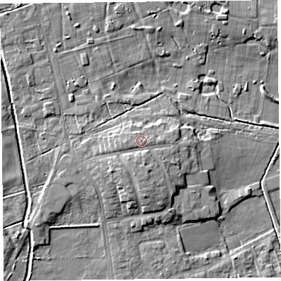 Shaded relief map of the ground around FY84JG, computed from Environment Agency LiDAR. The ground here sits at about 7 m above sea level and falls 6 m across the surrounding 800 m. Surface water reaching this point runs off ground lying to the south-east, 0.6 m higher.