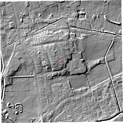 Shaded relief map of the ground around FY84JJ, computed from Environment Agency LiDAR. The ground here sits at about 8 m above sea level and falls 6 m across the surrounding 800 m. Surface water reaching this point runs off ground lying to the north-west, 1.3 m higher.