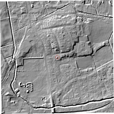 Shaded relief map of the ground around FY84JN, computed from Environment Agency LiDAR. The ground here sits at about 4 m above sea level and falls 6 m across the surrounding 800 m. Surface water reaching this point runs off ground lying to the north-north-east, 4.3 m higher.