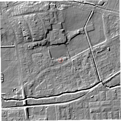 Shaded relief map of the ground around FY84JP, computed from Environment Agency LiDAR. The ground here sits at about 4 m above sea level and falls 6 m across the surrounding 800 m. Surface water reaching this point runs off ground lying to the east-north-east, 3.2 m higher.
