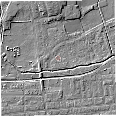 Shaded relief map of the ground around FY84JS, computed from Environment Agency LiDAR. The ground here sits at about 4 m above sea level and falls 6 m across the surrounding 800 m. Surface water reaching this point runs off ground lying to the west-south-west, 1.3 m higher.