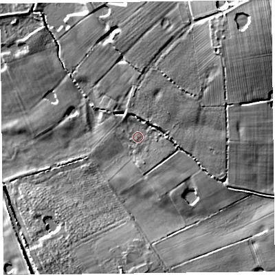 Shaded relief map of the ground around FY84JW, computed from Environment Agency LiDAR. The ground here sits at about 6 m above sea level and falls 19 m across the surrounding 800 m. Surface water reaching this point runs off ground lying to the north-east, 15.3 m higher.