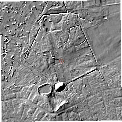 Shaded relief map of the ground around FY84JZ, computed from Environment Agency LiDAR. The ground here sits at about 6 m above sea level and falls 14 m across the surrounding 800 m. Surface water reaching this point runs off ground lying to the south-south-west, 2.8 m higher.