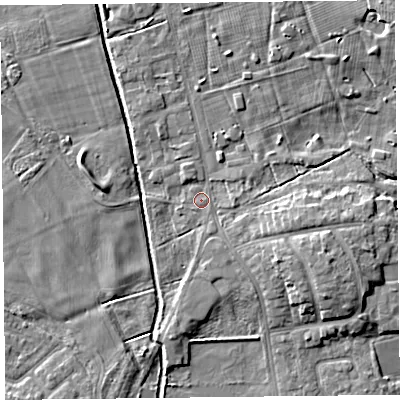 Shaded relief map of the ground around FY84LD, computed from Environment Agency LiDAR. The ground here sits at about 4 m above sea level and falls 6 m across the surrounding 800 m. Surface water reaching this point runs off ground lying to the east-south-east, 4.3 m higher.
