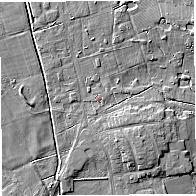 Shaded relief map of the ground around FY84LE, computed from Environment Agency LiDAR. The ground here sits at about 5 m above sea level and falls 6 m across the surrounding 800 m. Surface water reaching this point runs off ground lying to the south-south-west, 0.5 m higher.