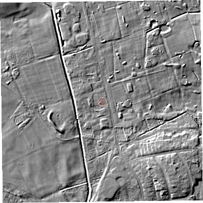 Shaded relief map of the ground around FY84LF, computed from Environment Agency LiDAR. The ground here sits at about 4 m above sea level and falls 6 m across the surrounding 800 m. Surface water reaching this point runs off ground lying to the north-north-west, 0.9 m higher.