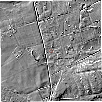 Shaded relief map of the ground around FY84LG, computed from Environment Agency LiDAR. The ground here sits at about 4 m above sea level and falls 6 m across the surrounding 800 m. Surface water reaching this point runs off ground lying to the north, 1.2 m higher.
