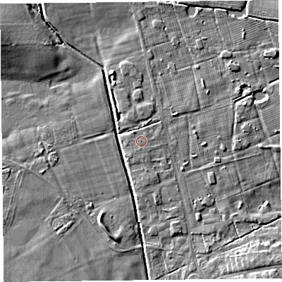 Shaded relief map of the ground around FY84LH, computed from Environment Agency LiDAR. The ground here sits at about 5 m above sea level and falls 7 m across the surrounding 800 m. Surface water reaching this point runs off ground lying to the north-west, 0.6 m higher.