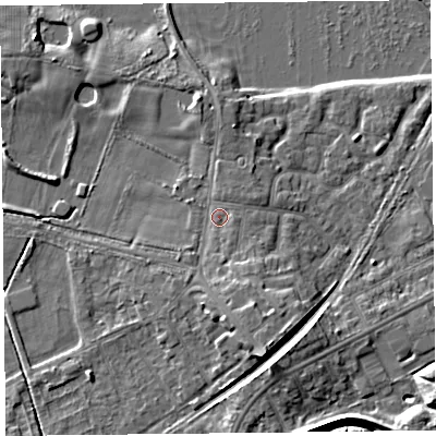 Shaded relief map of the ground around FY84LJ, computed from Environment Agency LiDAR. The ground here sits at about 5 m above sea level and falls 8 m across the surrounding 800 m. Surface water reaching this point runs off ground lying to the south-east, 2.1 m higher.
