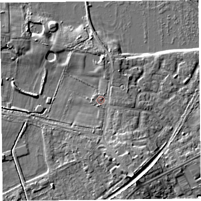 Shaded relief map of the ground around FY84LL, computed from Environment Agency LiDAR. The ground here sits at about 4 m above sea level and falls 7 m across the surrounding 800 m. Surface water reaching this point runs off ground lying to the south-south-east, 4.0 m higher.