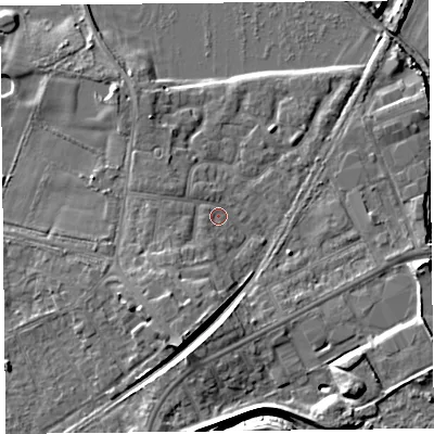 Shaded relief map of the ground around FY84LN, computed from Environment Agency LiDAR. The ground here sits at about 4 m above sea level and falls 8 m across the surrounding 800 m. Surface water reaching this point runs off ground lying to the south-west, 2.9 m higher.