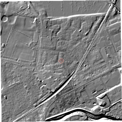 Shaded relief map of the ground around FY84LP, computed from Environment Agency LiDAR. The ground here sits at about 5 m above sea level and falls 8 m across the surrounding 800 m. Surface water reaching this point runs off ground lying to the south-west, 1.9 m higher.