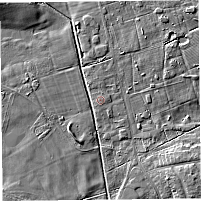 Shaded relief map of the ground around FY84LQ, computed from Environment Agency LiDAR. The ground here sits at about 5 m above sea level and falls 6 m across the surrounding 800 m. The ground contributing surface water to this point lies to the north-north-east.