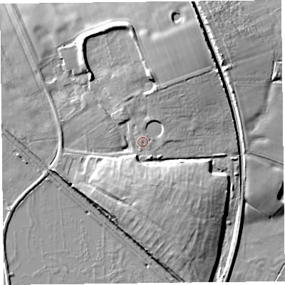 Shaded relief map of the ground around FY84LR, computed from Environment Agency LiDAR. The ground here sits at about 7 m above sea level and falls 12 m across the surrounding 800 m. Surface water reaching this point runs off ground lying to the north-east, 4.8 m higher.