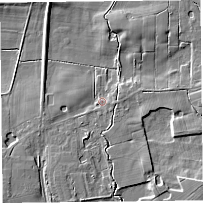 Shaded relief map of the ground around FY84LZ, computed from Environment Agency LiDAR. The ground here sits at about 8 m above sea level and falls 12 m across the surrounding 800 m. Surface water reaching this point runs off ground lying to the south-east, 7.5 m higher.