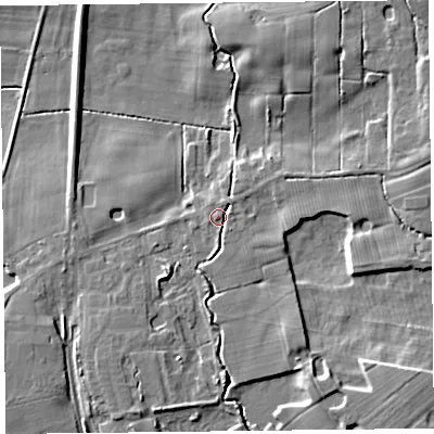 Shaded relief map of the ground around FY84NA, computed from Environment Agency LiDAR. The ground here sits at about 9 m above sea level and falls 11 m across the surrounding 800 m. Surface water reaching this point runs off ground lying to the east-south-east, 5.1 m higher.