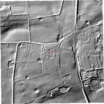 Shaded relief map of the ground around FY84NB, computed from Environment Agency LiDAR. The ground here sits at about 8 m above sea level and falls 7 m across the surrounding 800 m. Surface water reaching this point runs off ground lying to the south-south-east, 0.8 m higher.