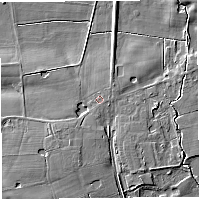 Shaded relief map of the ground around FY84ND, computed from Environment Agency LiDAR. The ground here sits at about 7 m above sea level and falls 8 m across the surrounding 800 m. Surface water reaching this point runs off ground lying to the east-south-east, 1.0 m higher.